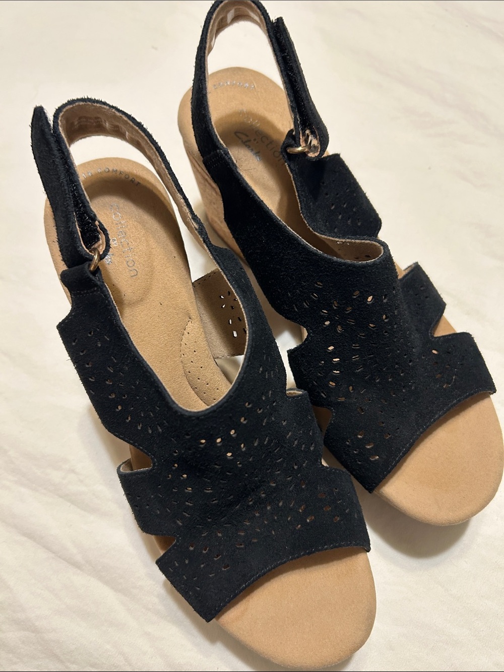 Clarks Black Suede Perforated Slingback Sandals